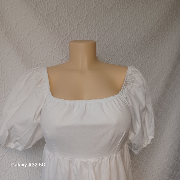 SIM Y SAM Women Size M Elegant White Puff Sleeve Dress100% Cotton Lining - Picture 4 of 13